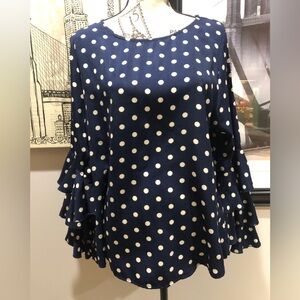 EUC Women’s Zanzea Navy Polka Dot Ruffled Sleeve Blouse